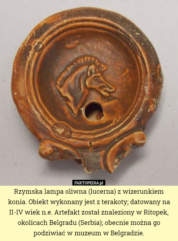 Rzymska lampa oliwna (lucerna) z wizerunkiem konia. Obiekt wykonany jest z terakoty; datowany na II-IV wiek n.e. Artefakt został znaleziony w Ritopek, okolicach Belgradu (Serbia); obecnie można go podziwiać w muzeum w Belgradzie. 