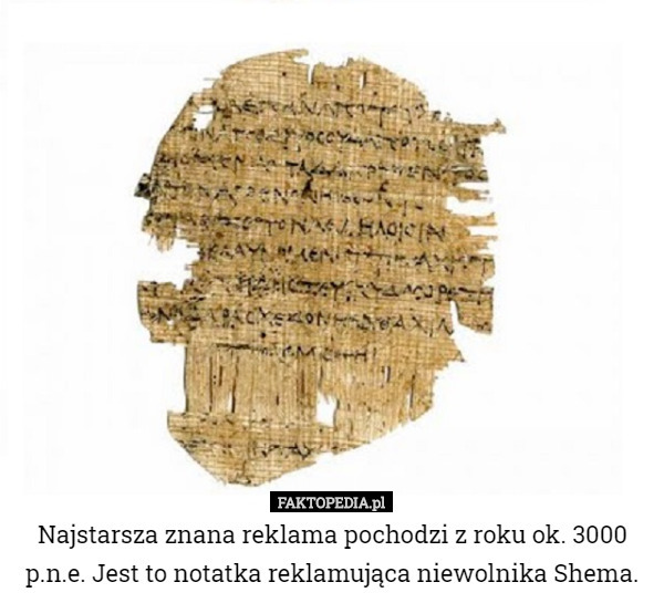 Najstarsza znana reklama pochodzi z roku ok. 3000 p.n.e. Jest to notatka reklamująca niewolnika Shema. 