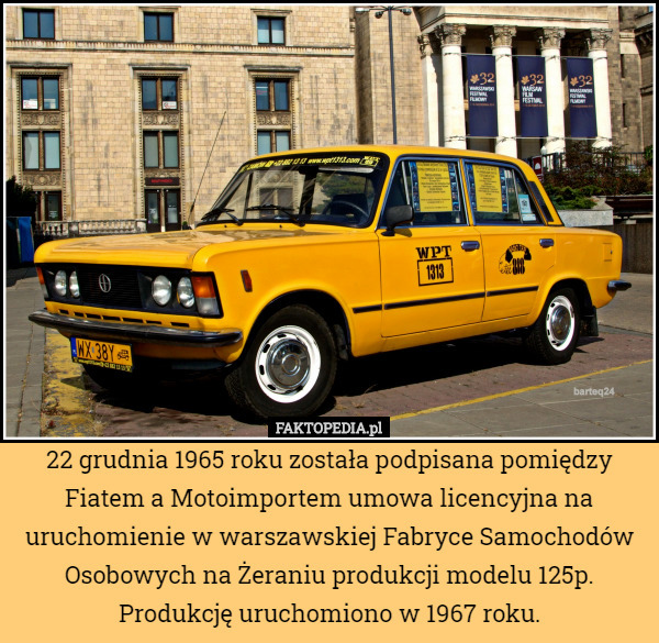22 grudnia 1965 roku została podpisana pomiędzy Fiatem a Motoimportem umowa licencyjna na uruchomienie w warszawskiej Fabryce Samochodów Osobowych na Żeraniu produkcji modelu 125p. Produkcję uruchomiono w 1967 roku. 