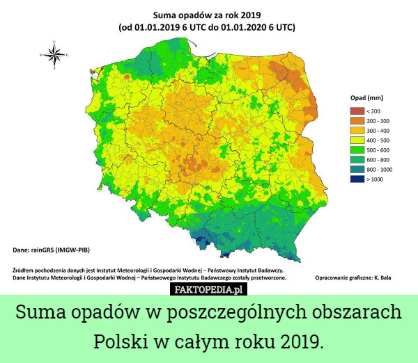 Suma opadów w poszczególnych obszarach Polski w całym roku 2019. 