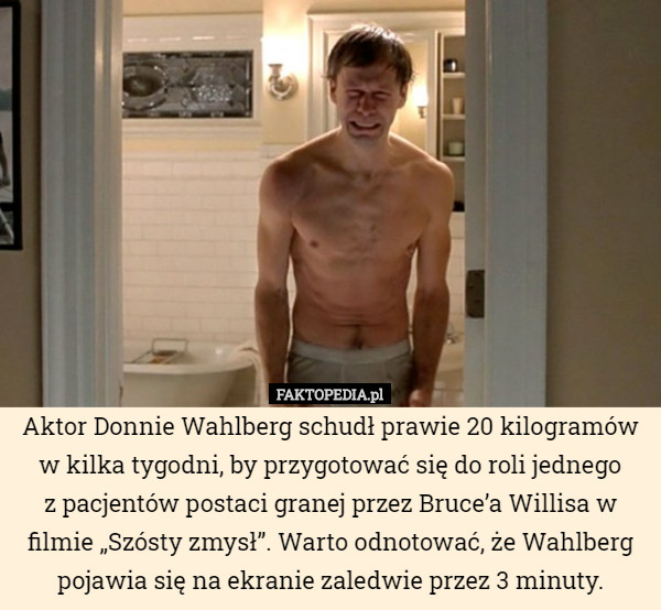 Aktor Donnie Wahlberg schudł prawie 20 kilogramów w kilka tygodni, by przygotować się do roli jednego
z pacjentów postaci granej przez Bruce’a Willisa w filmie „Szósty zmysł”. Warto odnotować, że Wahlberg pojawia się na ekranie zaledwie przez 3 minuty. 