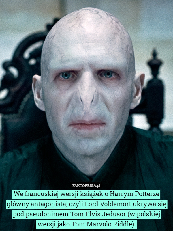 We francuskiej wersji książek o Harrym Potterze główny antagonista, czyli Lord Voldemort ukrywa się pod pseudonimem Tom Elvis Jedusor (w polskiej wersji jako Tom Marvolo Riddle). 