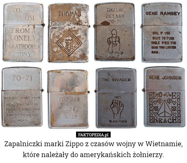 Zapalniczki marki Zippo z czasów wojny w Wietnamie, które należały do ​​amerykańskich żołnierzy. 