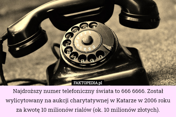 Najdroższy numer telefoniczny świata to 666 6666. Został wylicytowany na aukcji charytatywnej w Katarze w 2006 roku za kwotę 10 milionów rialów (ok. 10 milionów złotych). 