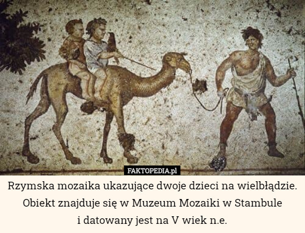Rzymska mozaika ukazujące dwoje dzieci na wielbłądzie. Obiekt znajduje się w Muzeum Mozaiki w Stambule
 i datowany jest na V wiek n.e. 