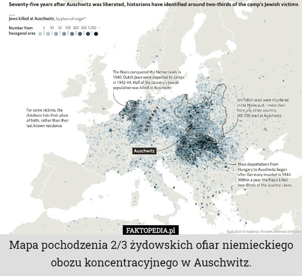 Mapa pochodzenia 2/3 żydowskich ofiar niemieckiego obozu koncentracyjnego w Auschwitz. 
