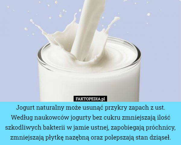 Jogurt naturalny może usunąć przykry zapach z ust. Według naukowców jogurty bez cukru zmniejszają ilość szkodliwych bakterii w jamie ustnej, zapobiegają próchnicy, zmniejszają płytkę nazębną oraz polepszają stan dziąseł. 