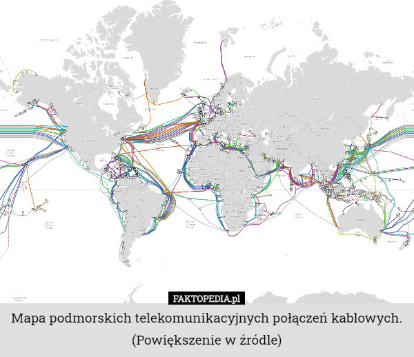 Mapa podmorskich telekomunikacyjnych połączeń kablowych.
(Powiększenie w źródle) 