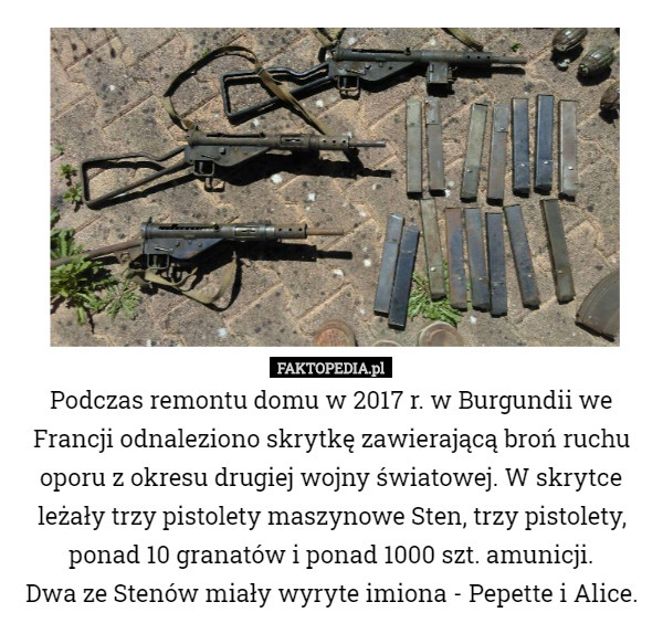 Podczas remontu domu w 2017 r. w Burgundii we Francji odnaleziono skrytkę zawierającą broń ruchu oporu z okresu drugiej wojny światowej. W skrytce leżały trzy pistolety maszynowe Sten, trzy pistolety, ponad 10 granatów i ponad 1000 szt. amunicji.
Dwa ze Stenów miały wyryte imiona - Pepette i Alice. 