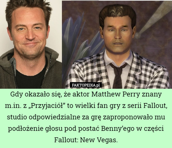 Gdy okazało się, że aktor Matthew Perry znany m.in. z „Przyjaciół” to wielki fan gry z serii Fallout, studio odpowiedzialne za grę zaproponowało mu podłożenie głosu pod postać Benny’ego w części Fallout: New Vegas. 