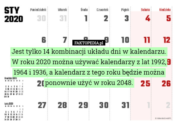 Jest tylko 14 kombinacji układu dni w kalendarzu.
 W roku 2020 można używać kalendarzy z lat 1992, 1964 i 1936, a kalendarz z tego roku będzie można ponownie użyć w roku 2048. 