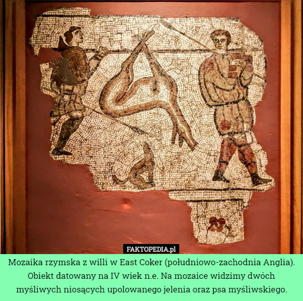 Mozaika rzymska z willi w East Coker (południowo-zachodnia Anglia). Obiekt datowany na IV wiek n.e. Na mozaice widzimy dwóch myśliwych niosących upolowanego jelenia oraz psa myśliwskiego. 