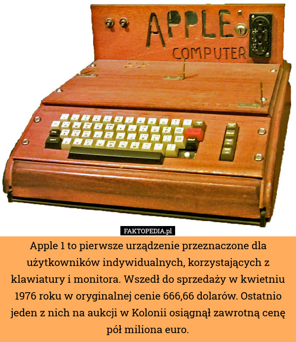 Apple 1 to pierwsze urządzenie przeznaczone dla użytkowników indywidualnych, korzystających z klawiatury i monitora. Wszedł do sprzedaży w kwietniu 1976 roku w oryginalnej cenie 666,66 dolarów. Ostatnio jeden z nich na aukcji w Kolonii osiągnął zawrotną cenę pół miliona euro. 