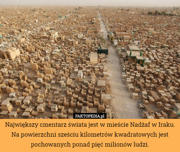 Największy cmentarz świata jest w mieście Nadżaf w Iraku.
 Na powierzchni sześciu kilometrów kwadratowych jest pochowanych ponad pięć milionów ludzi. 