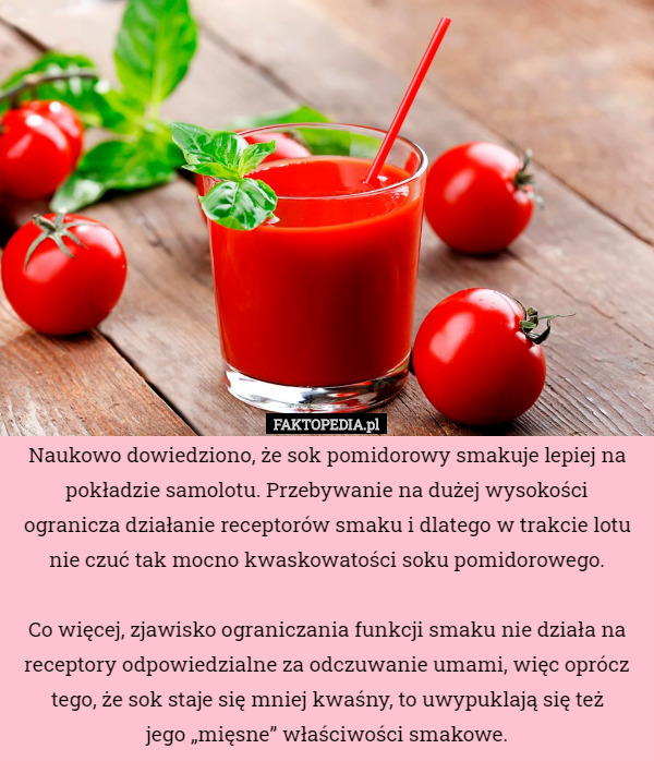 Naukowo dowiedziono, że sok pomidorowy smakuje lepiej na pokładzie samolotu. Przebywanie na dużej wysokości ogranicza działanie receptorów smaku i dlatego w trakcie lotu nie czuć tak mocno kwaskowatości soku pomidorowego.

 Co więcej, zjawisko ograniczania funkcji smaku nie działa na receptory odpowiedzialne za odczuwanie umami, więc oprócz tego, że sok staje się mniej kwaśny, to uwypuklają się też
 jego „mięsne” właściwości smakowe. 
