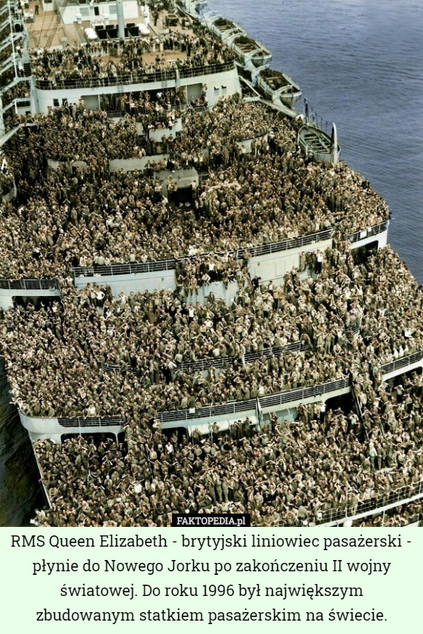 RMS Queen Elizabeth - brytyjski liniowiec pasażerski - płynie do Nowego Jorku po zakończeniu II wojny światowej. Do roku 1996 był największym zbudowanym statkiem pasażerskim na świecie. 