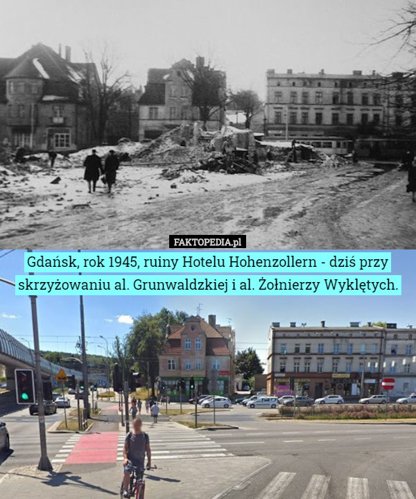 Gdańsk, rok 1945, ruiny Hotelu Hohenzollern - dziś przy skrzyżowaniu al. Grunwaldzkiej i al. Żołnierzy Wyklętych. 