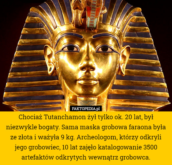 Chociaż Tutanchamon żył tylko ok. 20 lat, był niezwykle bogaty. Sama maska grobowa faraona była ze złota i ważyła 9 kg. Archeologom, którzy odkryli jego grobowiec, 10 lat zajęło katalogowanie 3500 artefaktów odkrytych wewnątrz grobowca. 