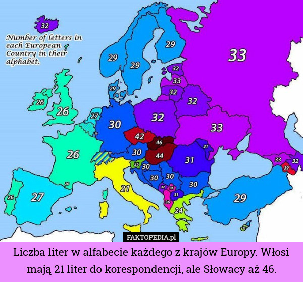 Liczba liter w alfabecie każdego z krajów Europy. Włosi mają 21 liter do korespondencji, ale Słowacy aż 46. 