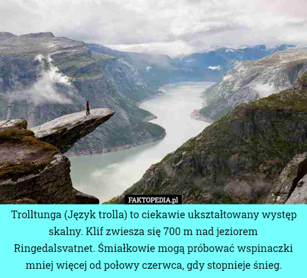 Trolltunga (Język trolla) to ciekawie ukształtowany występ skalny. Klif zwiesza się 700 m nad jeziorem Ringedalsvatnet. Śmiałkowie mogą próbować wspinaczki mniej więcej od połowy czerwca, gdy stopnieje śnieg. 
