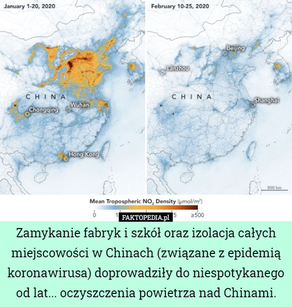 Zamykanie fabryk i szkół oraz izolacja całych miejscowości w Chinach (związane z epidemią koronawirusa) doprowadziły do niespotykanego od lat... oczyszczenia powietrza nad Chinami. 