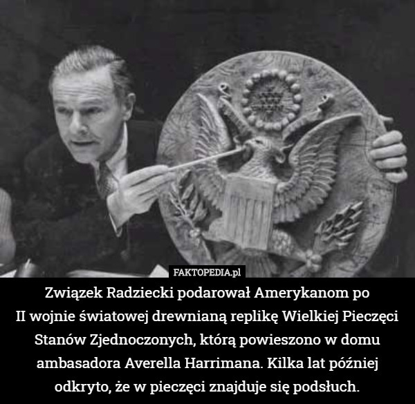 Związek Radziecki podarował Amerykanom po
II wojnie światowej drewnianą replikę Wielkiej Pieczęci Stanów Zjednoczonych, którą powieszono w domu ambasadora Averella Harrimana. Kilka lat później odkryto, że w pieczęci znajduje się podsłuch. 