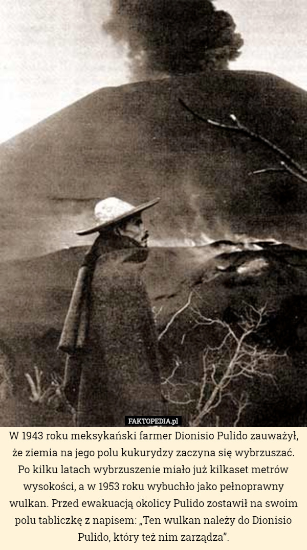 W 1943 roku meksykański farmer Dionisio Pulido zauważył, że ziemia na jego polu kukurydzy zaczyna się wybrzuszać. Po kilku latach wybrzuszenie miało już kilkaset metrów wysokości, a w 1953 roku wybuchło jako pełnoprawny wulkan. Przed ewakuacją okolicy Pulido zostawił na swoim polu tabliczkę z napisem: „Ten wulkan należy do Dionisio Pulido, który też nim zarządza”. 