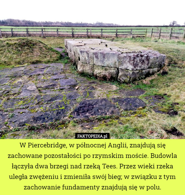 W Piercebridge, w północnej Anglii, znajdują się zachowane pozostałości po rzymskim moście. Budowla łączyła dwa brzegi nad rzeką Tees. Przez wieki rzeka uległa zwężeniu i zmieniła swój bieg; w związku z tym zachowanie fundamenty znajdują się w polu. 