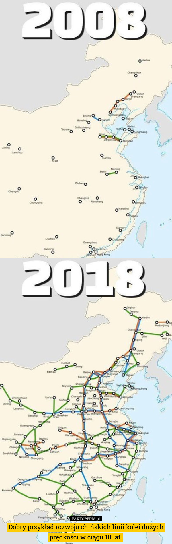 Dobry przykład rozwoju chińskich linii kolei dużych prędkości w ciągu 10 lat. 