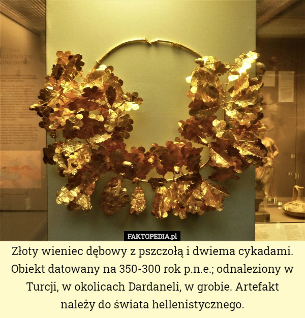 Złoty wieniec dębowy z pszczołą i dwiema cykadami. Obiekt datowany na 350-300 rok p.n.e.; odnaleziony w Turcji, w okolicach Dardaneli, w grobie. Artefakt należy do świata hellenistycznego. 