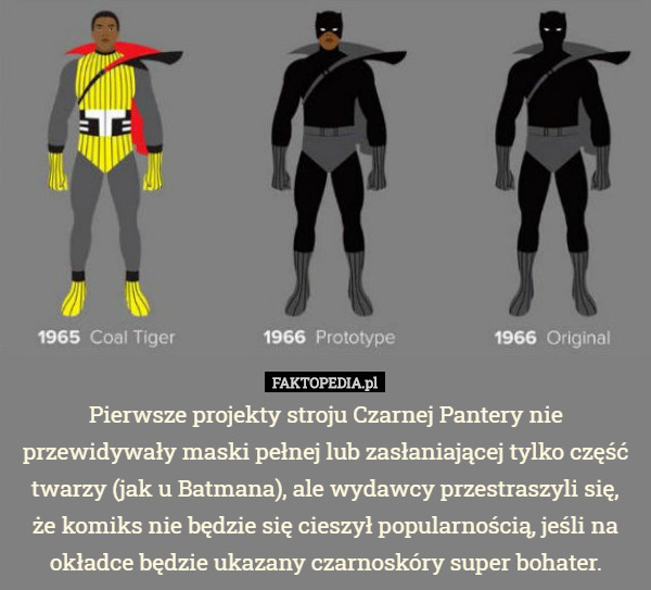 Pierwsze projekty stroju Czarnej Pantery nie przewidywały maski pełnej lub zasłaniającej tylko część twarzy (jak u Batmana), ale wydawcy przestraszyli się,
 że komiks nie będzie się cieszył popularnością, jeśli na okładce będzie ukazany czarnoskóry super bohater. 