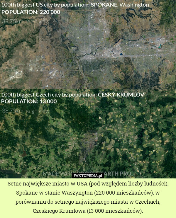 Setne największe miasto w USA (pod względem liczby ludności), Spokane w stanie Waszyngton (220 000 mieszkańców), w porównaniu do setnego największego miasta w Czechach, Czeskiego Krumlowa (13 000 mieszkańców). 