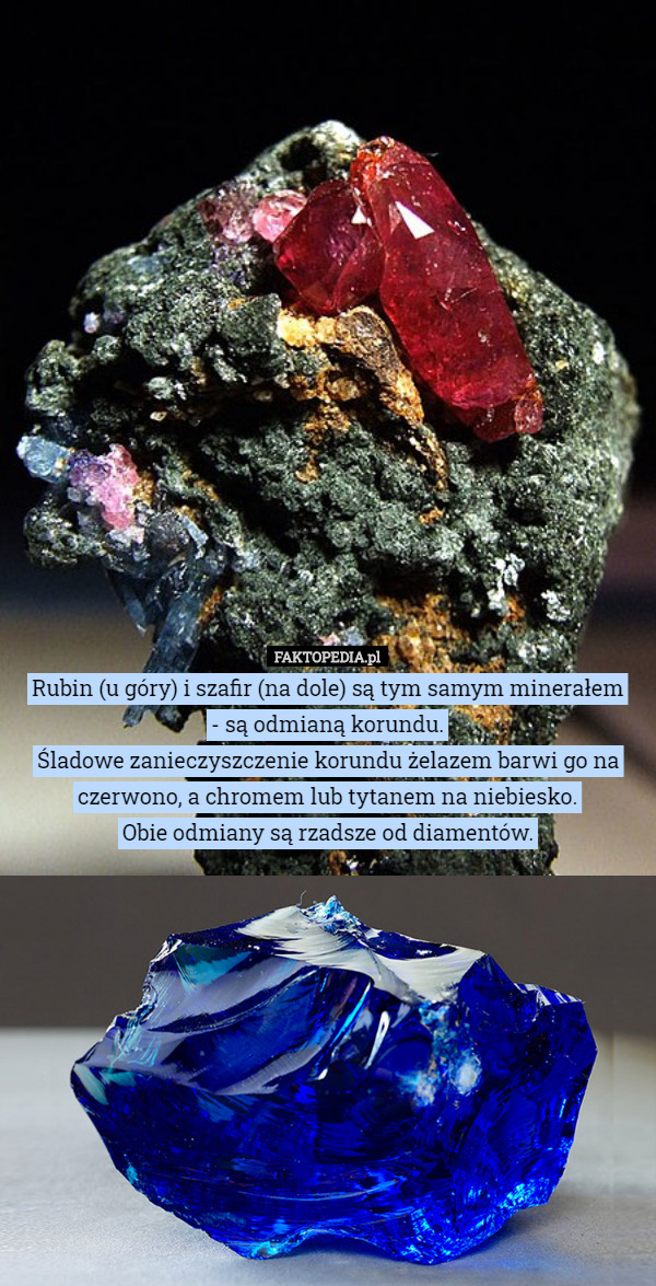 Rubin (u góry) i szafir (na dole) są tym samym minerałem
 - są odmianą korundu.
Śladowe zanieczyszczenie korundu żelazem barwi go na czerwono, a chromem lub tytanem na niebiesko.
Obie odmiany są rzadsze od diamentów. 