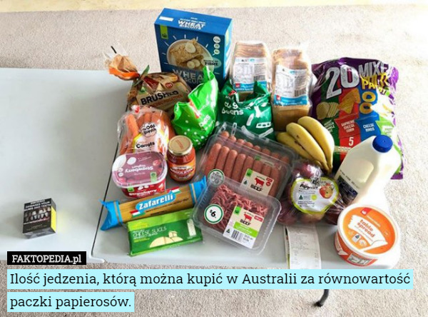 Ilość jedzenia, którą można kupić w Australii za równowartość paczki papierosów. 