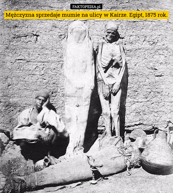 Mężczyzna sprzedaje mumie na ulicy w Kairze. Egipt, 1875 rok. 
