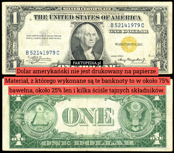 Dolar amerykański nie jest drukowany na papierze. Materiał, z którego wykonane są te banknoty to w około 75% bawełna, około 25% len i kilka ściśle tajnych składników. 