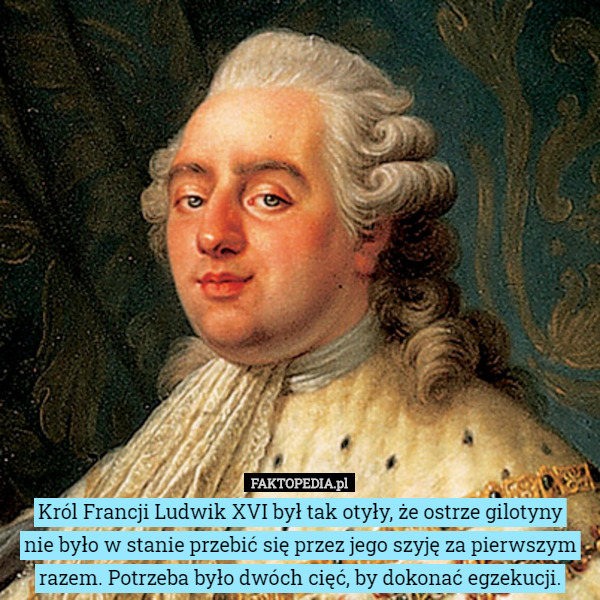 Król Francji Ludwik XVI był tak otyły, że ostrze gilotyny
 nie było w stanie przebić się przez jego szyję za pierwszym razem. Potrzeba było dwóch cięć, by dokonać egzekucji. 