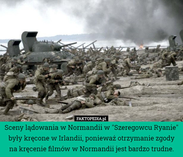Sceny lądowania w Normandii w "Szeregowcu Ryanie" były kręcone w Irlandii, ponieważ otrzymanie zgody na kręcenie filmów w Normandii jest bardzo trudne. 