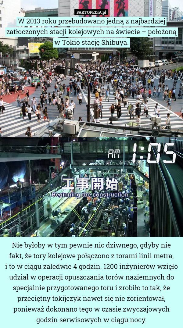 W 2013 roku przebudowano jedną z najbardziej zatłoczonych stacji kolejowych na świecie – położoną w Tokio stację Shibuya.


















Nie byłoby w tym pewnie nic dziwnego, gdyby nie fakt, że tory kolejowe połączono z torami linii metra,
i to w ciągu zaledwie 4 godzin. 1200 inżynierów wzięło udział w operacji opuszczania torów naziemnych do specjalnie przygotowanego toru i zrobiło to tak, że przeciętny tokijczyk nawet się nie zorientował, ponieważ dokonano tego w czasie zwyczajowych godzin serwisowych w ciągu nocy. 