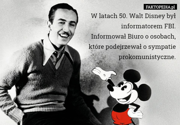 W latach 50. Walt Disney był informatorem FBI.
 Informował Biuro o osobach, które podejrzewał o sympatie prokomunistyczne. 