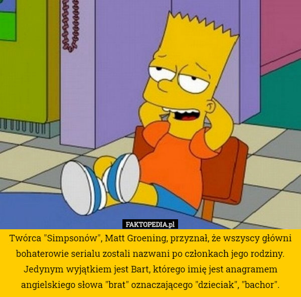 Twórca "Simpsonów", Matt Groening, przyznał, że wszyscy główni bohaterowie serialu zostali nazwani po członkach jego rodziny. Jedynym wyjątkiem jest Bart, którego imię jest anagramem angielskiego słowa "brat" oznaczającego "dzieciak", "bachor". 