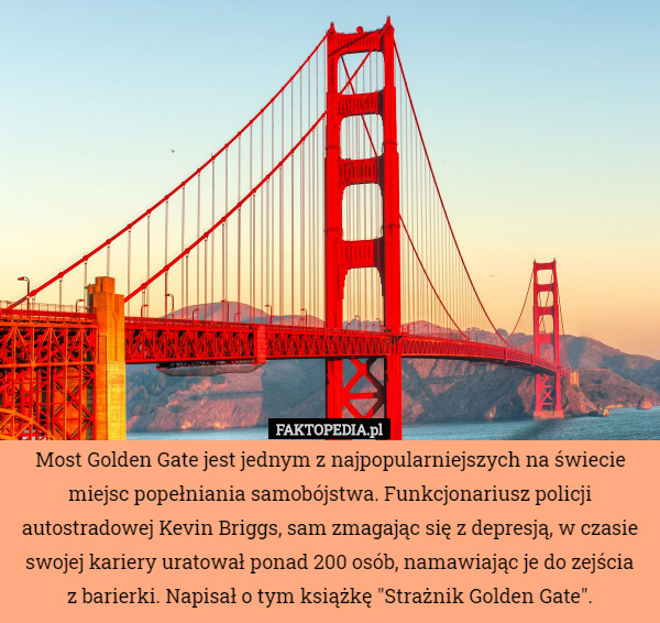 Most Golden Gate jest jednym z najpopularniejszych na świecie miejsc popełniania samobójstwa. Funkcjonariusz policji autostradowej Kevin Briggs, sam zmagając się z depresją, w czasie swojej kariery uratował ponad 200 osób, namawiając je do zejścia
 z barierki. Napisał o tym książkę "Strażnik Golden Gate". 