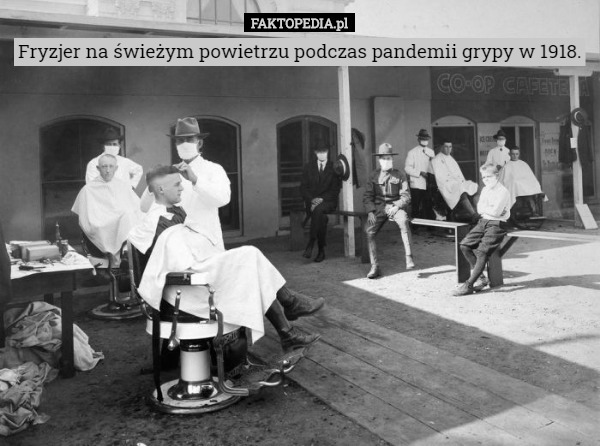 Fryzjer na świeżym powietrzu podczas pandemii grypy w 1918. 