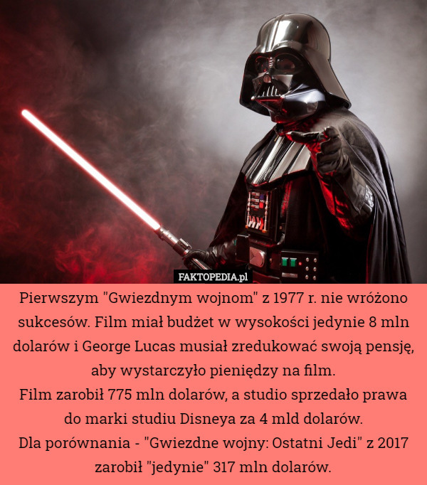 Pierwszym "Gwiezdnym wojnom" z 1977 r. nie wróżono sukcesów. Film miał budżet w wysokości jedynie 8 mln dolarów i George Lucas musiał zredukować swoją pensję, aby wystarczyło pieniędzy na film.
Film zarobił 775 mln dolarów, a studio sprzedało prawa do marki studiu Disneya za 4 mld dolarów.
Dla porównania - "Gwiezdne wojny: Ostatni Jedi" z 2017 zarobił "jedynie" 317 mln dolarów. 