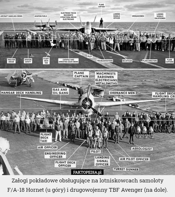 Załogi pokładowe obsługujące na lotniskowcach samoloty F/A-18 Hornet (u góry) i drugowojenny TBF Avenger (na dole). 