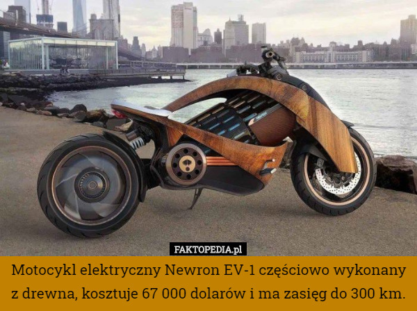 Motocykl elektryczny Newron EV-1 częściowo wykonany z drewna, kosztuje 67 000 dolarów i ma zasięg do 300 km. 