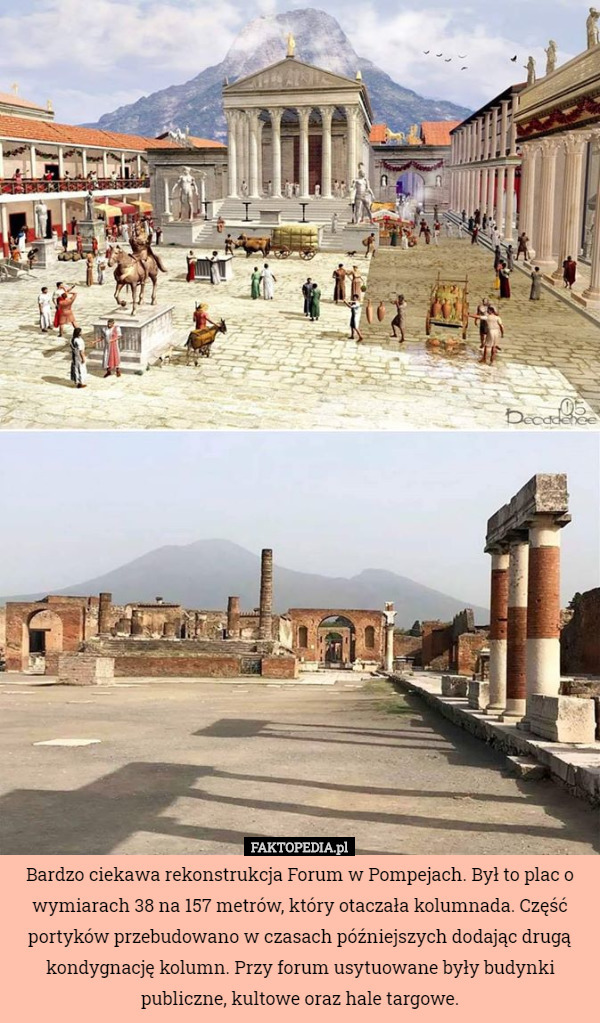 Bardzo ciekawa rekonstrukcja Forum w Pompejach. Był to plac o wymiarach 38 na 157 metrów, który otaczała kolumnada. Część portyków przebudowano w czasach późniejszych dodając drugą kondygnację kolumn. Przy forum usytuowane były budynki publiczne, kultowe oraz hale targowe. 