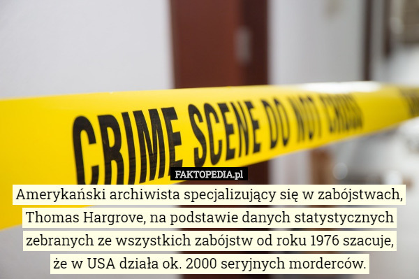 Amerykański archiwista specjalizujący się w zabójstwach, Thomas Hargrove, na podstawie danych statystycznych zebranych ze wszystkich zabójstw od roku 1976 szacuje,
 że w USA działa ok. 2000 seryjnych morderców. 