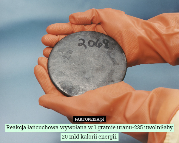 Reakcja łańcuchowa wywołana w 1 gramie uranu-235 uwolniłaby
20 mld kalorii energii. 