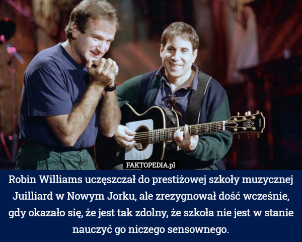 Robin Williams uczęszczał do prestiżowej szkoły muzycznej Juilliard w Nowym Jorku, ale zrezygnował dość wcześnie, gdy okazało się, że jest tak zdolny, że szkoła nie jest w stanie nauczyć go niczego sensownego. 